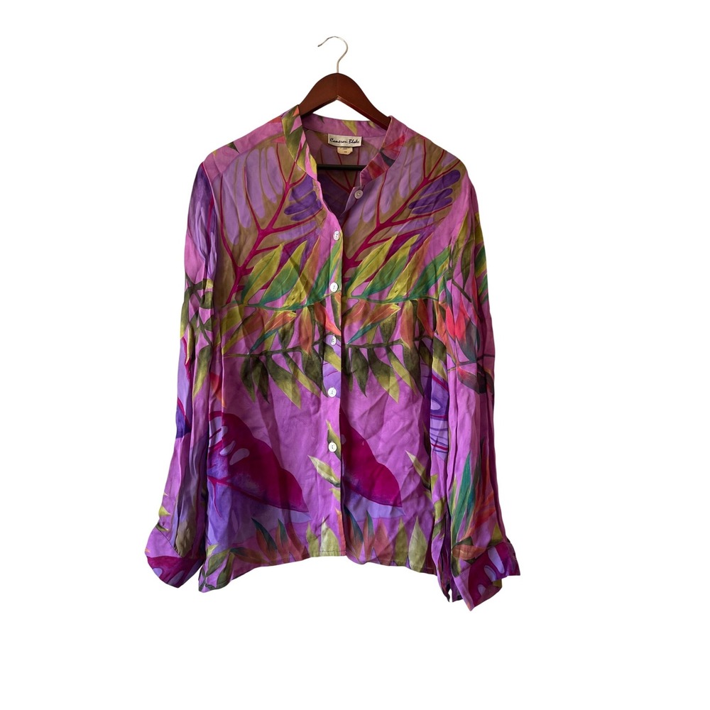Cameron Blake Vintage Purple Tropical Leaf Print Rayon Button Blouse Size 16